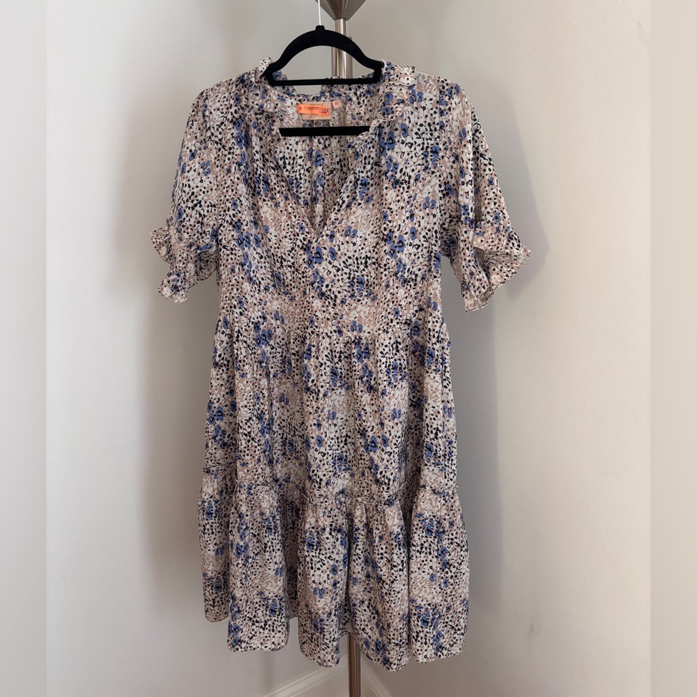 Rungolee Porto Silk 100% Tiered Mini Dress in blue Poppy Fields Size Small EUC